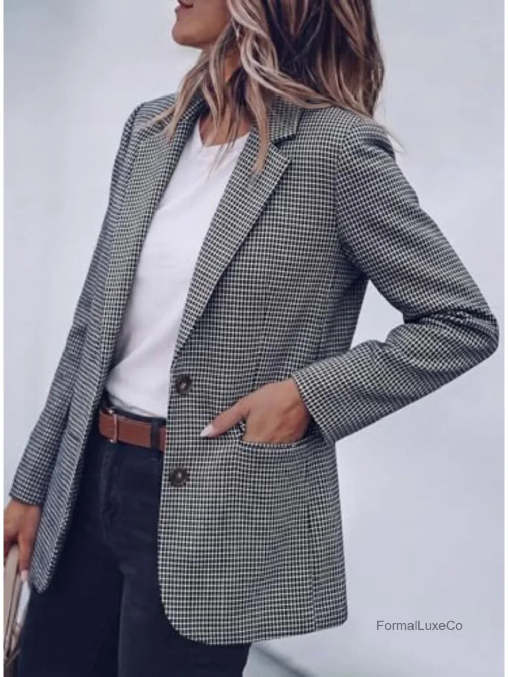 Long Sleeve Plaid Houndstooth Notch Lapel Blazer Business Casual Work Suit